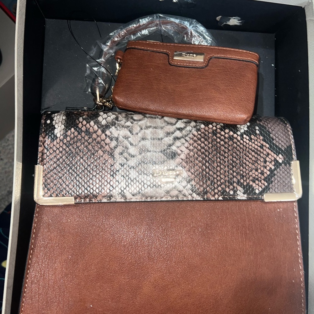Dune London Brown and Snake Print Clutch Set